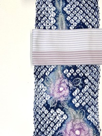 有松絞りゆかた＆博多織麻絹単衣半幅帯（灰紫系）