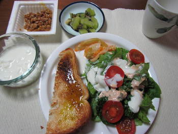 朝食　いつものモーニング　白い色はヨーグルト　　自宅