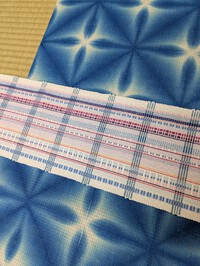 雪花絞着尺＆半幅帯（首里道屯織・薄ピンク系）