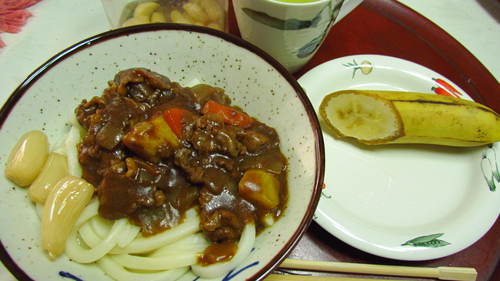 昼ご飯　カレーうどん　らっきょ　　自宅