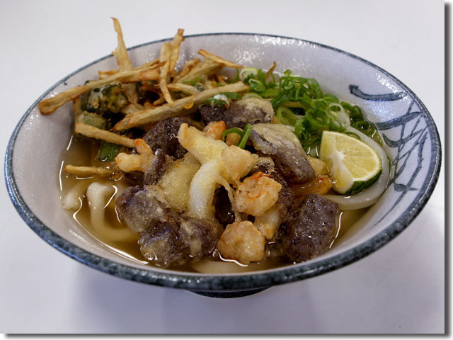 二種類のかき揚げが乗ったうどん