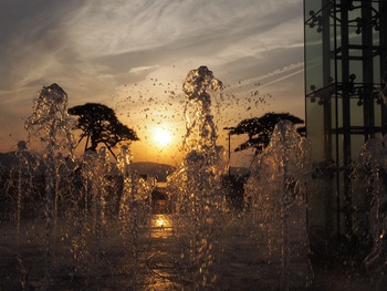 夕陽と噴水
