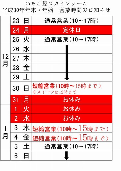 いちご屋 スカイファーム 年末年始の営業時間と いちご狩り 開始のお知らせ